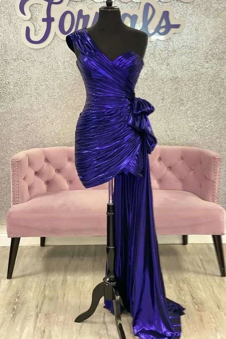 One Shoulder Pleated Empire Homecoming Dress With Side Train