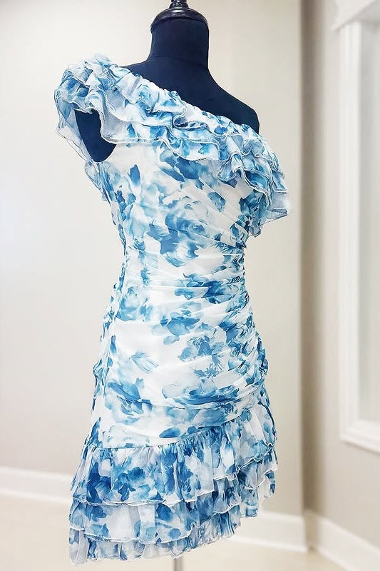 One Shoulder Ruffled Ruched Empire Floral Homecoming Dress