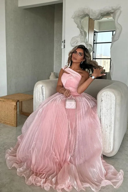 One Shoulder Sleeveless Empire Pleated Party Prom Dress