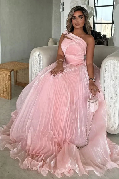 One Shoulder Sleeveless Empire Pleated Party Prom Dress