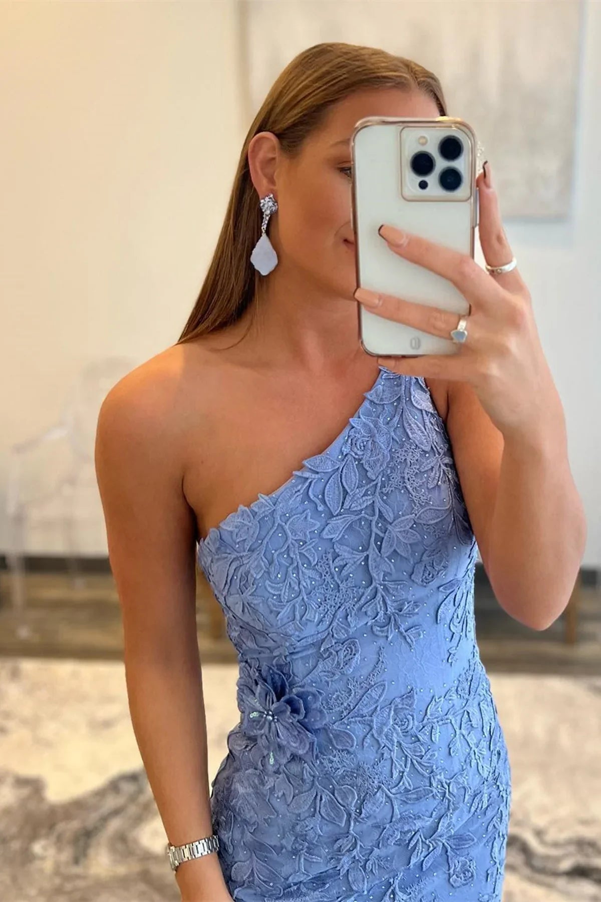 One Shoulder Sleeveless Lace Appliques Party Prom Dress