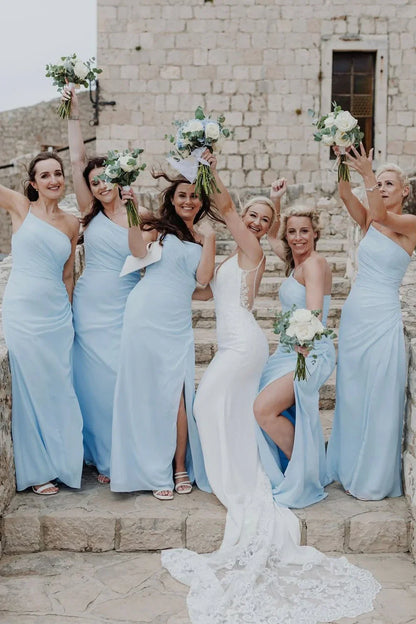 One Shoulder Sleeveless Long Bridesmaid Dress With Side Slit