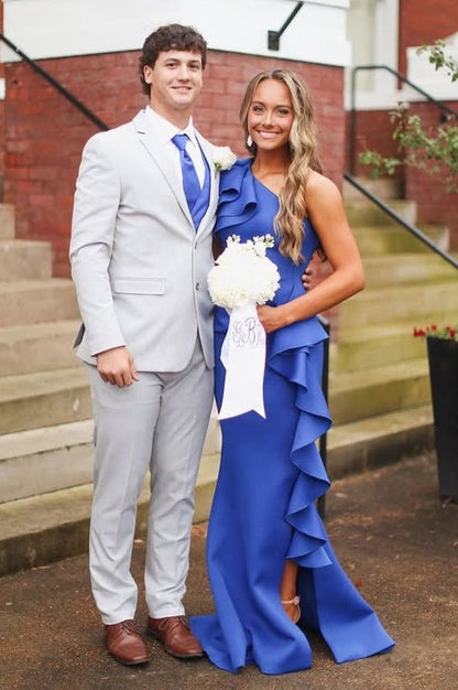 One Shoulder Sleeveless Mermaid Ruffle Split Party Prom Dress