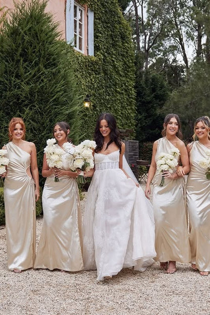 One Shoulder Sleeveless Ruched Empire Long Bridesmaid Dress