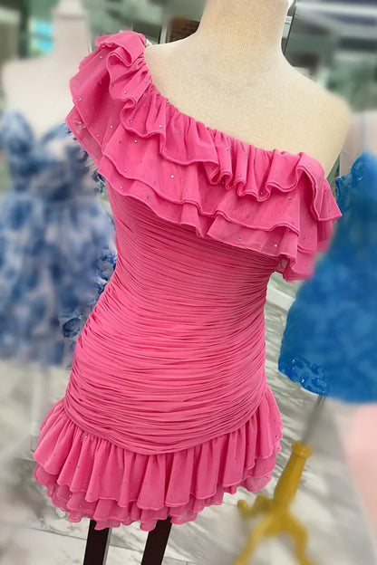 One Shoulder Sleeveless Ruffle Empire Short Homecoming Dress