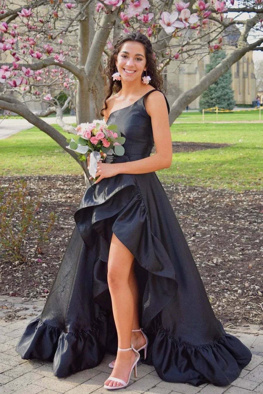 One Shoulder Sleeveless Satin A-Line Leg Slit Ruffle Party Prom Dress