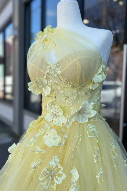 One Shoulder Sleeveless Tulle A-Line Floral Appliques Party Prom Dress