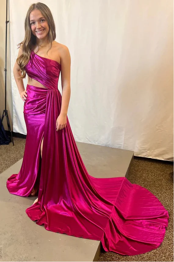 One Shoulder Sleeveless With Train Satin Fitted Prom Dress