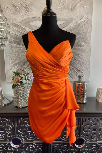 One Shoulder Orange Ruched Tight Short Homecoming Dress