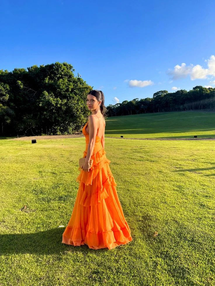 Orange Long Prom Dresses V Neck Formal Dress Outfits