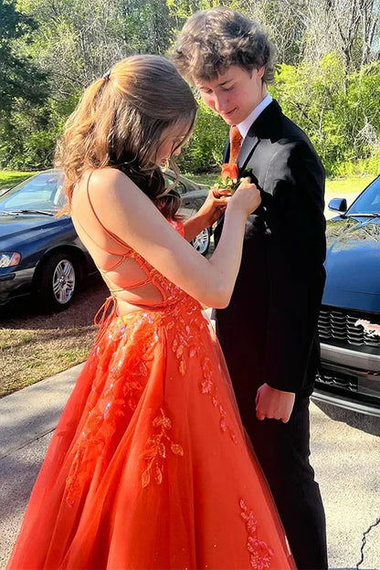 Orange Bateau Lace Up Lace Appliques A-Line Party Prom Dress