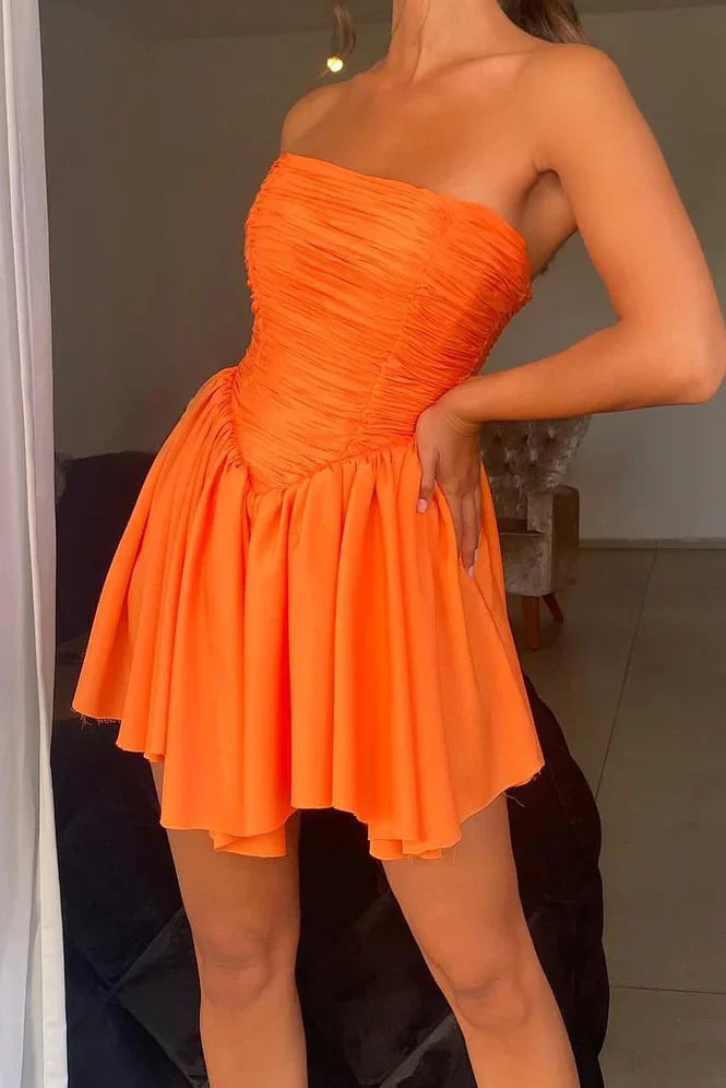 Orange Satin A-Line Empire Strapless Pleated Homecoming Dress