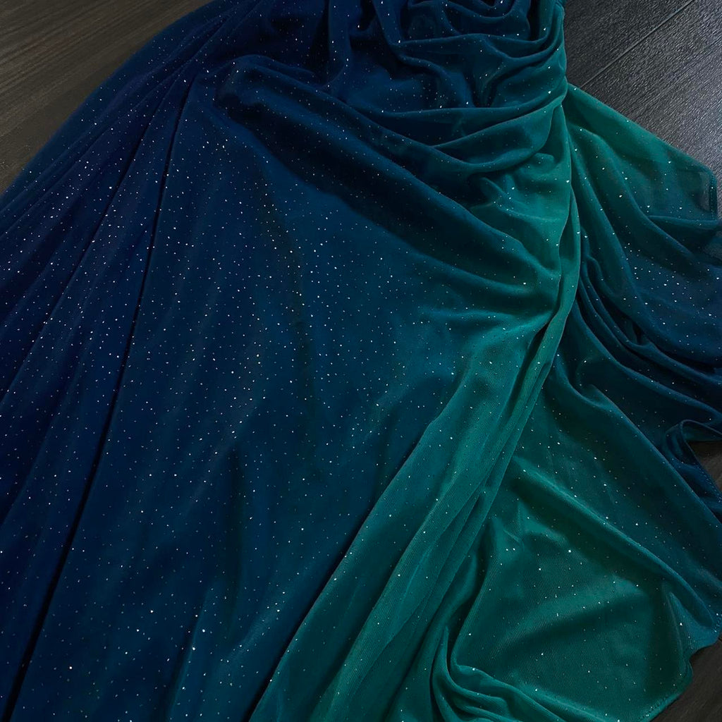 Vintage Shiny Gradient Blue-green Sheath Chiffon Unique Shoulder Strap Design Long Prom Dress Evening Dress TP2505