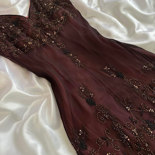 Red brown gorgeous beautiful elegant exquisite floral beading spaghetti straps long chiffon tulle ball gown evening gown party dress prom dress gh3901
