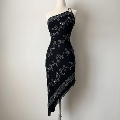 Black and Silver Vintage Gorgeous Elegant Exquisite Beaded Long Chiffon Sequin Asymmetric Skirt Dress Homecoming Dress Prom Dress Evening Dress Party Dress gh4123