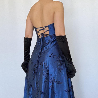 Navy Blue Vintage Floral Long Ball Gown Velvet Prom Trumpet Gown Evening Dress Party Dress gh4350