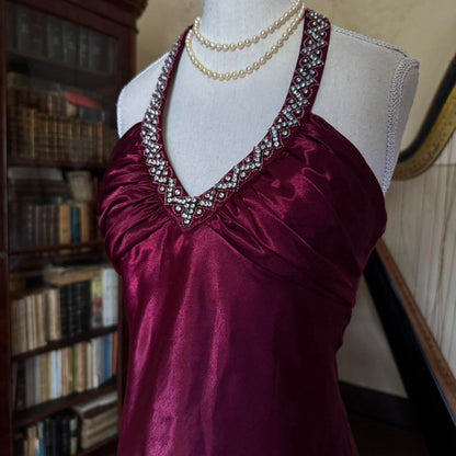 Girlhomeshops--Vintage Burgundy wine red long satin fairy dress prom dress gh5542