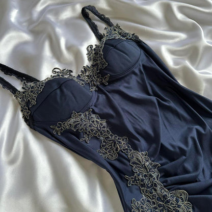 Blue gorgeous exquisite applique lace spaghetti straps long satin prom dress evening dress party dress gh3335