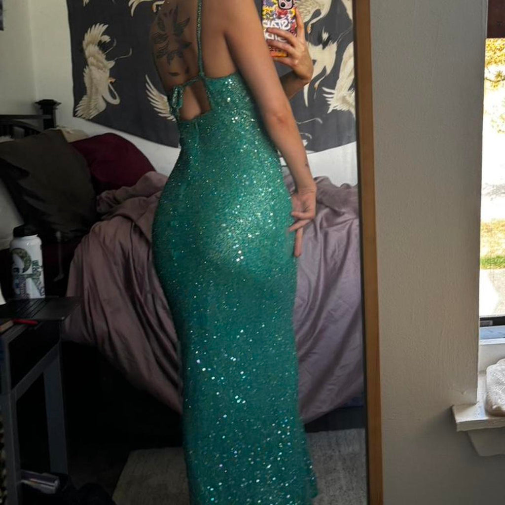 Vintage Turquoise Sheath Evening Gown Glittering Sequin Party Dress Long Formal Dress TP4965