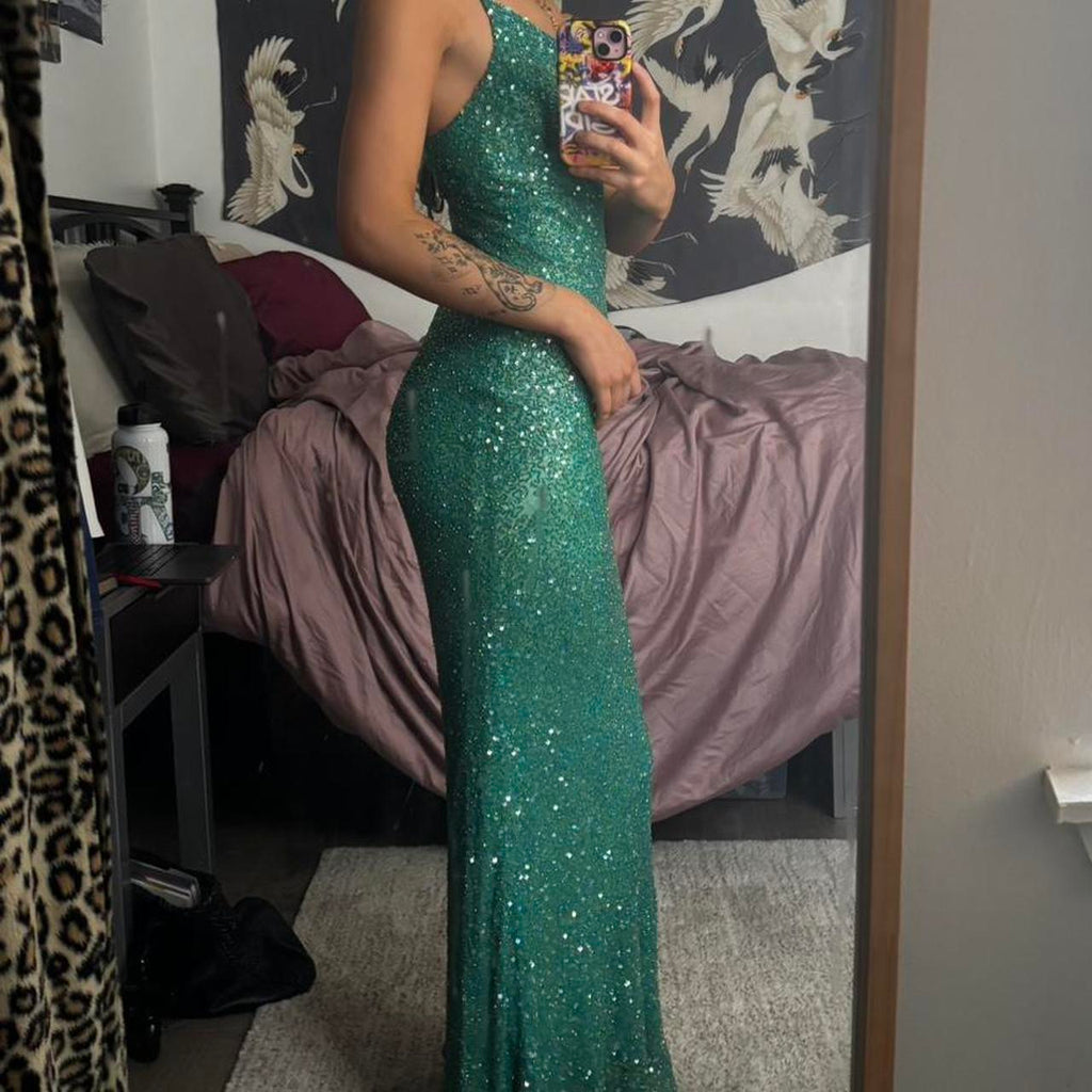 Vintage Turquoise Sheath Evening Gown Glittering Sequin Party Dress Long Formal Dress TP4965