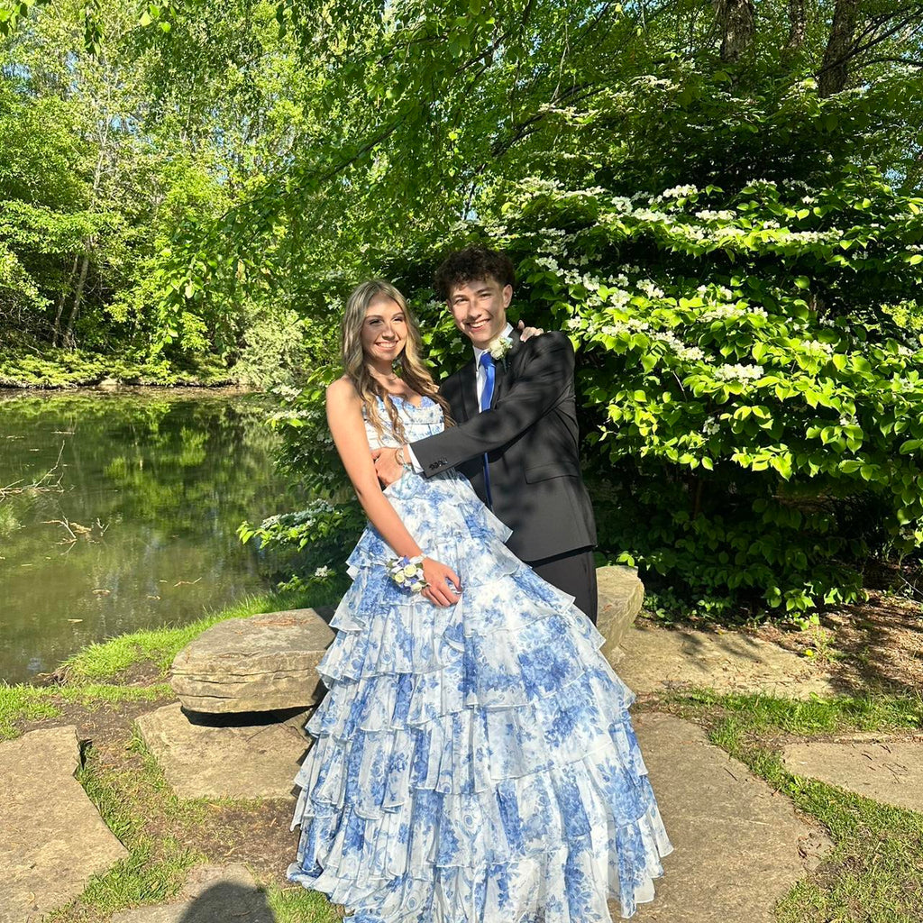Vintage Blue Floral Prom Dress A-Line Tiered Evening Dress Long Formal Dress TP4649