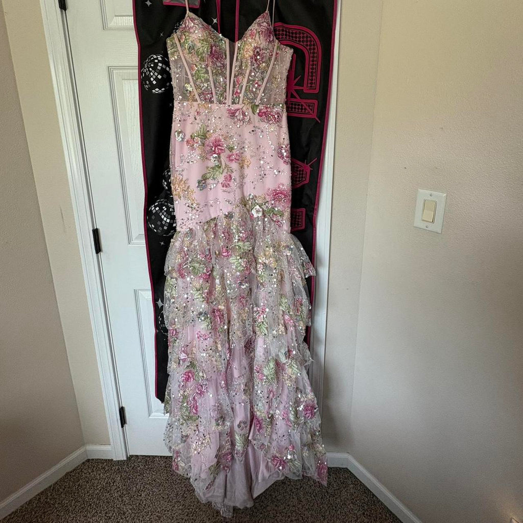 Vintage Pink Floral Sequin Prom Dress Spaghetti Strap Evening Dress Long Sheath Formal Dress TP4645
