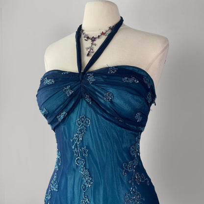 Dark Blue Fairy Mermaid Beaded Long Chiffon Formal Prom Evening Dress Wedding Guest Party Gown Dress Greek Halter Neck gh3617b