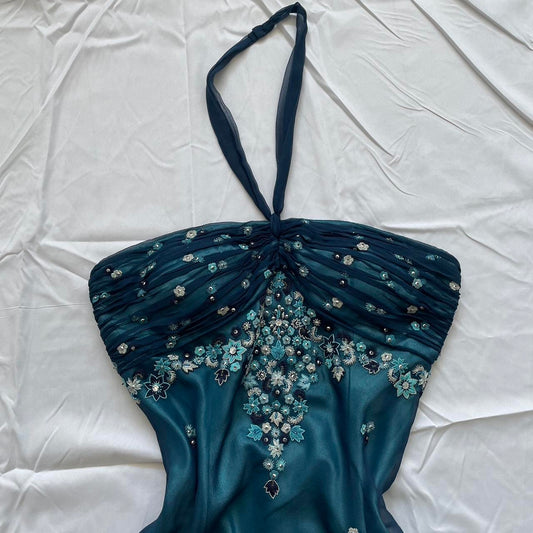 Girlhomeshops-Blue floral beaded short halter chiffon homecoming dress birthday party dress gh5263