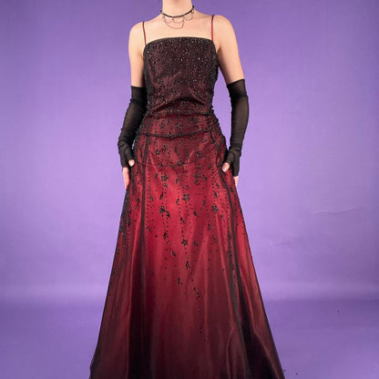 Burgundy Gorgeous Delicate Beads Elegant Sweet Spaghetti Straps Long Satin Tulle Ball Gown Evening Gown Birthday Party Gown Graduation Gown Prom Gown gh3953