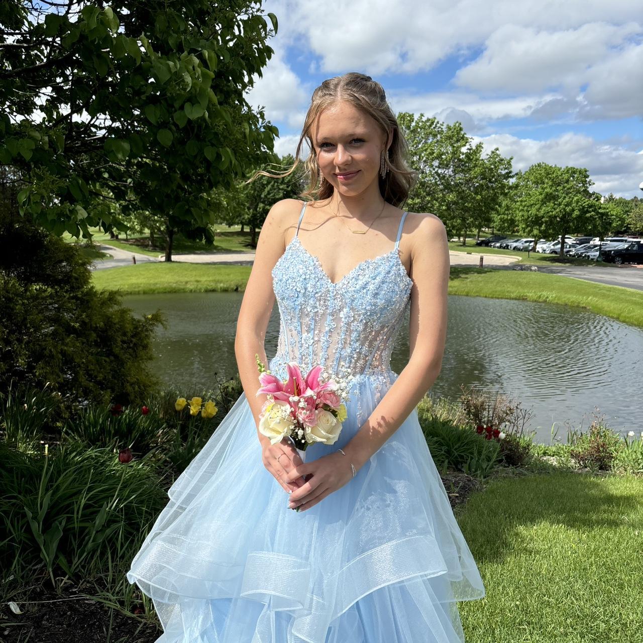 Vintage Blue Tulle Prom Dress Spaghetti Strap Evening Dress Long A-Line Formal Dress TP4646