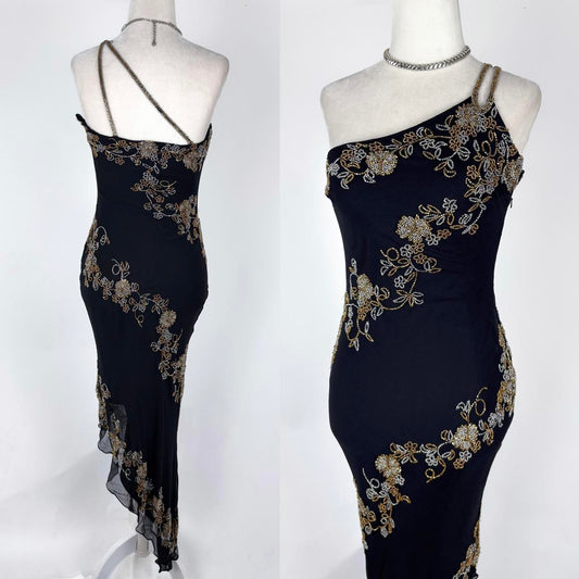 Black Gold Vintage Fashion Elegant Delicate Silver Floral Beads Long Chiffon Tulle Ball Gown Evening Dress Party Dress Prom Dress Hem Asymmetric gh3721
