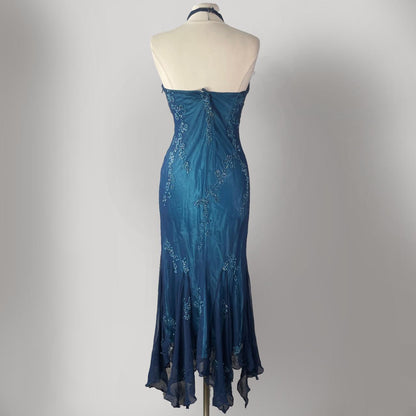 Dark Blue Fairy Mermaid Beaded Long Chiffon Formal Prom Evening Dress Wedding Guest Party Gown Dress Greek Halter Neck gh3617b