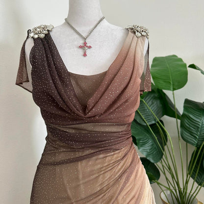 Brown and Cream Sparkly Ombre Stunning Shiny Vintage Fashion Stunning Elegant Delicate Rhinestone Long Chiffon Ball Gown Evening Gown Birthday Party Gown Fairy Ball Gown Graduation Gown gh3891