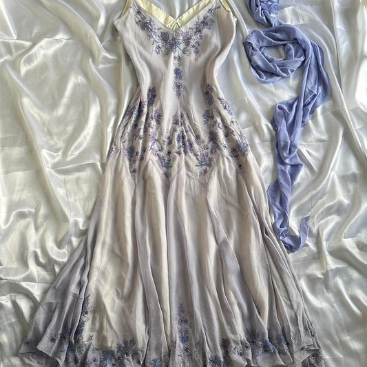 Purple fashion elegant exquisite beaded spaghetti strap A-line long chiffon ball gown evening dress party dress gh2919