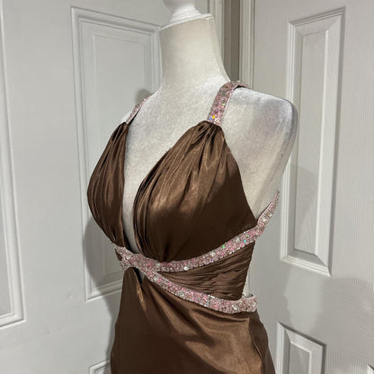 Brown Beaded Elegant Long Satin V Neck Ball Gown Evening Dress Party Dress gh4568
