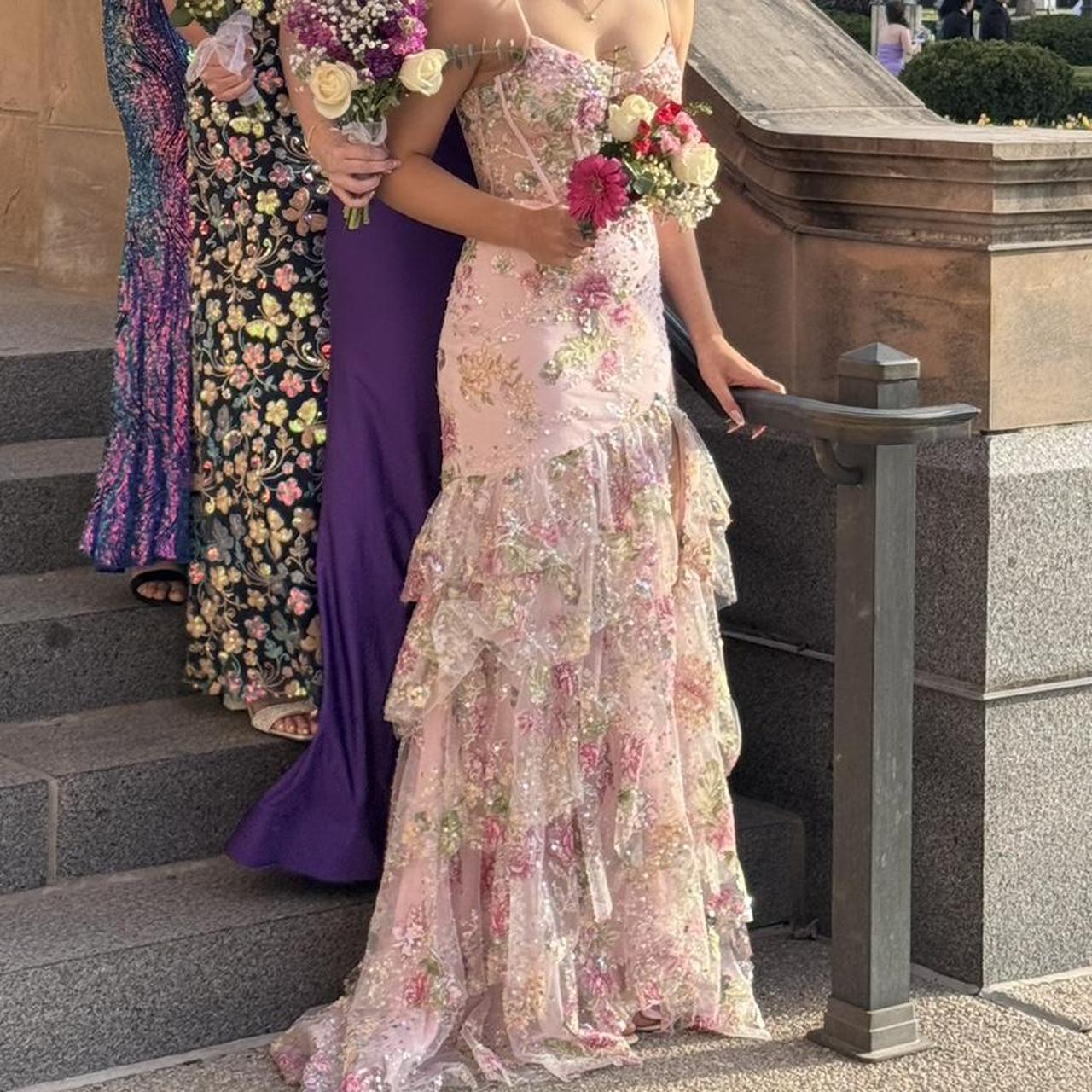 Vintage Pink Floral Sequin Prom Dress Spaghetti Strap Evening Dress Long Sheath Formal Dress TP4645
