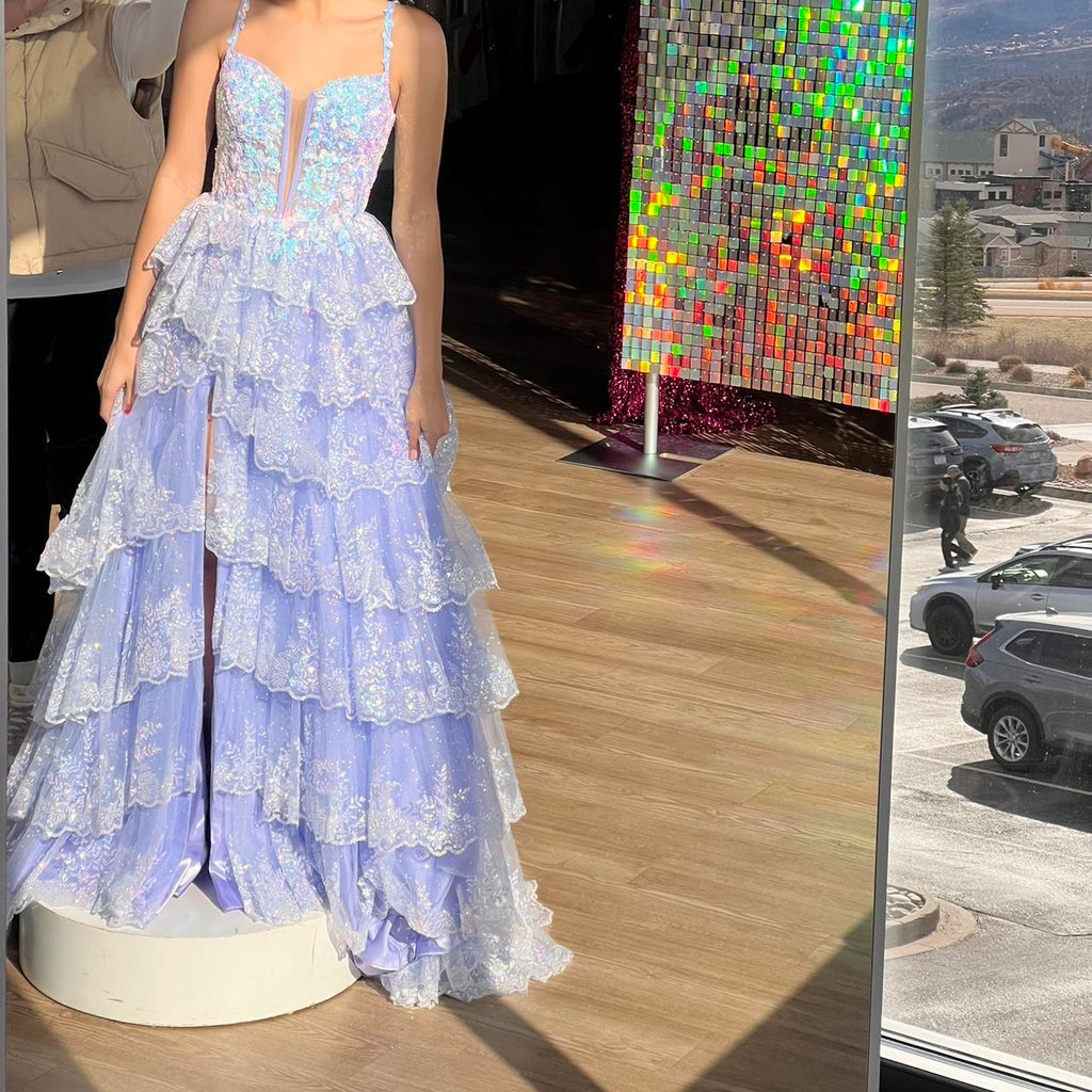 Vintage Shiny Sequin A-Line Prom Dress Spaghetti Strap Tiered Evening Dress Long Formal Dress TP4640