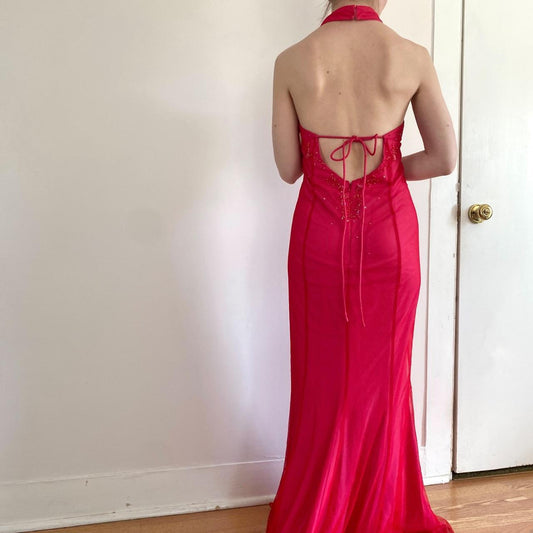 Vintage Fashion Playful and Sexy Bright Pink Deep V Delicate Floral Beaded Halter Long Satin Tulle Fairy Ball Gown Square Neck Prom Dress Evening Gown Birthday Party Dress gh3958