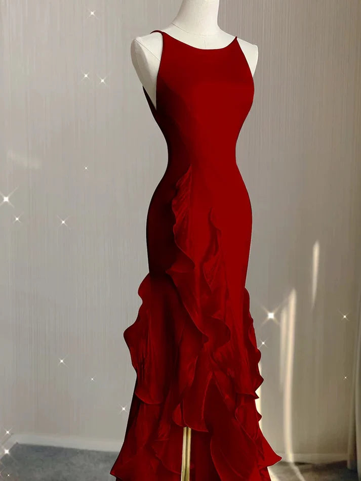 Black/Wine Red/White Fashion Elegant Spaghetti Strap Backless Long Chiffon Mermaid Slim Ruffle Ball Gown gh3460