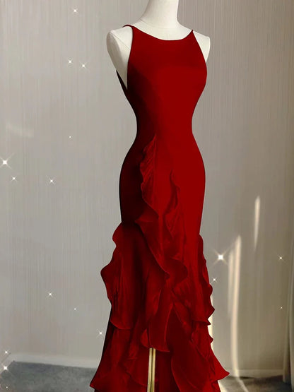 Black/Wine Red/White Fashion Elegant Spaghetti Strap Backless Long Chiffon Mermaid Slim Ruffle Ball Gown gh3460