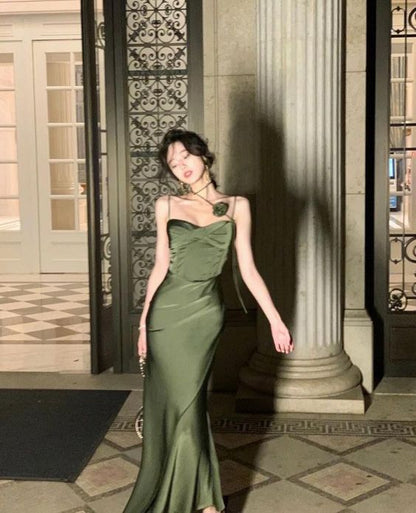 Mermaid Straps Satin Green Prom Dresses Formal Evening Dress P1102