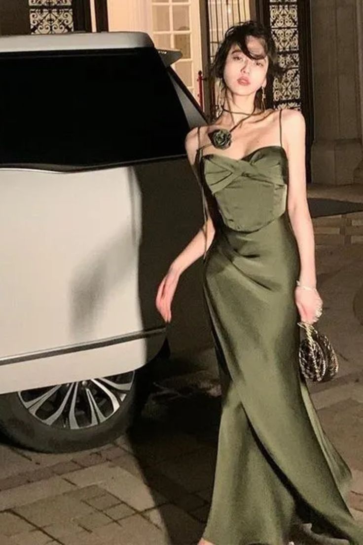 Mermaid Straps Satin Green Prom Dresses Formal Evening Dress P1102
