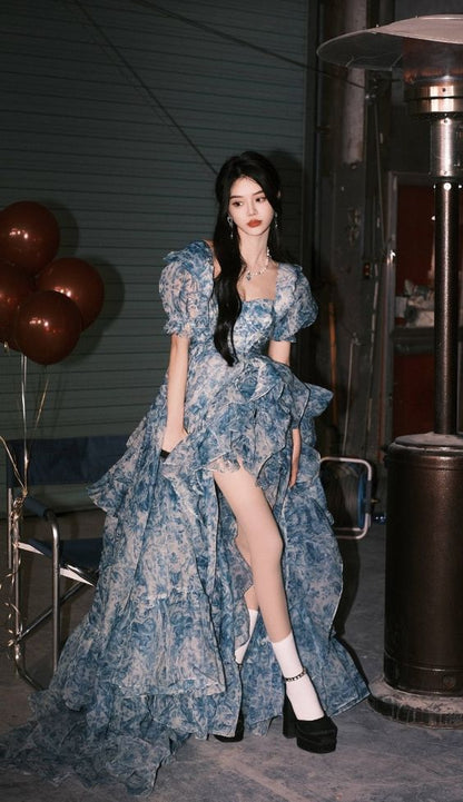 Elegant High Low Blue Floral Prom Dresses Long Formal Dress P1114