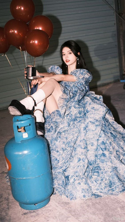 Elegant High Low Blue Floral Prom Dresses Long Formal Dress P1114