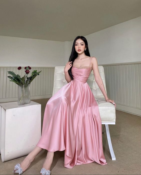 Elegant A line Straps Ankle Length Pink Prom Dresses Formal Dress P1125