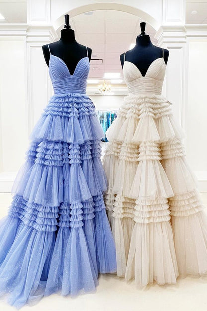 Princess Pink Tiered Layers Tulle Long Prom Dresses P1153