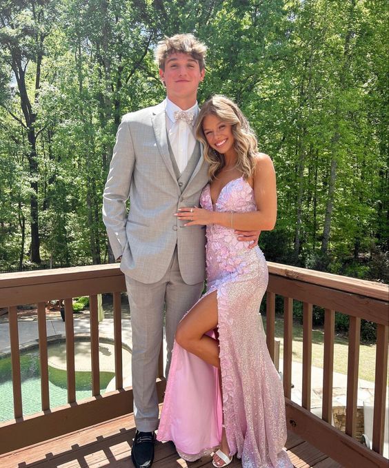 Pink Shiny Elegant Fashion V-Neck Mermaid Long Sequin Slit Sexy Floor-Length Ball Gown Evening Gown Party Dress gh3478