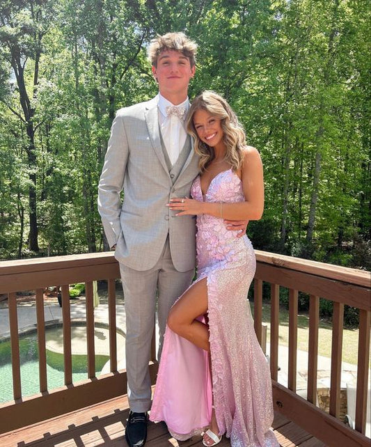 Pink Shiny Elegant Fashion V-Neck Mermaid Long Sequin Slit Sexy Floor-Length Ball Gown Evening Gown Party Dress gh3478