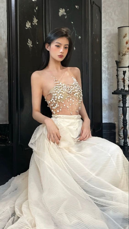Modest 2 Pieces Strapless Long Champagne Tulle Prom Dresses P1258