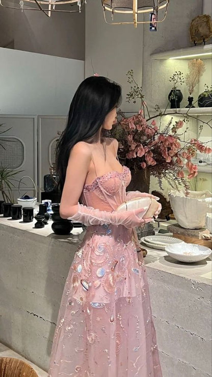 Fairy A line Straps Long Pink Lace Prom Dresses P1260